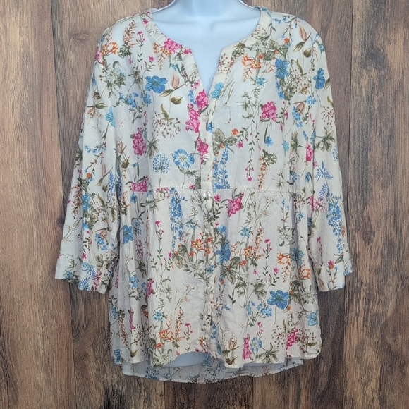 Tops - Floral Button-Down Blouse with 3/4 Sleeves 2X         -814U